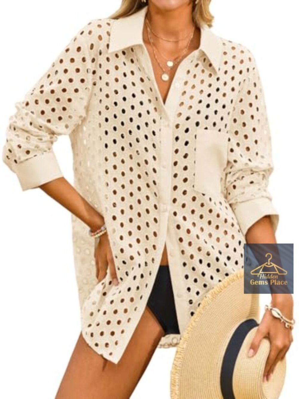 Women's Hollow Out Button Down Swim Coverup Beachwear Shirt